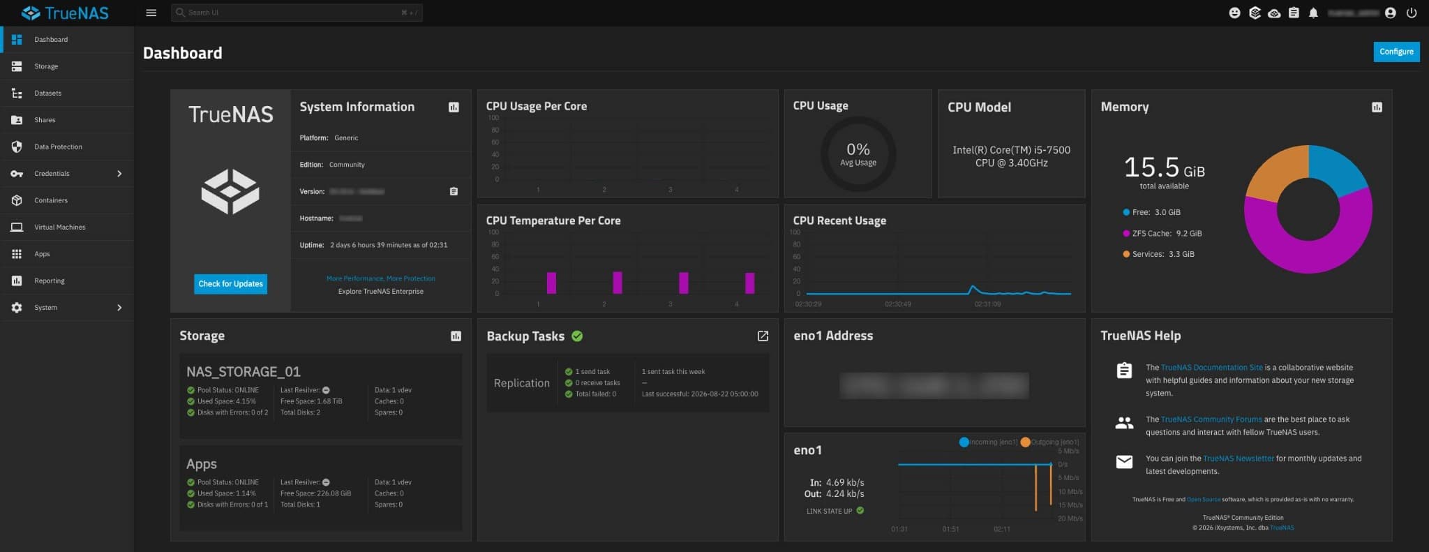Sanitised TrueNAS dashboard showing healthy storage and system monitoring
